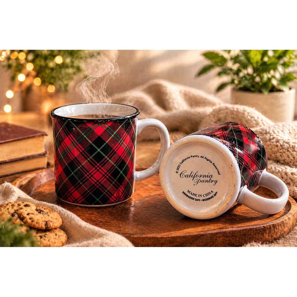 California Pantry Red Plaid Christmas Coffee Mug Ceramic Holiday Tartan Cup 2023